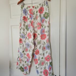Hot Cotton Marc Ware Womens 100% Linen Pants Sz M White Floral Wide Leg